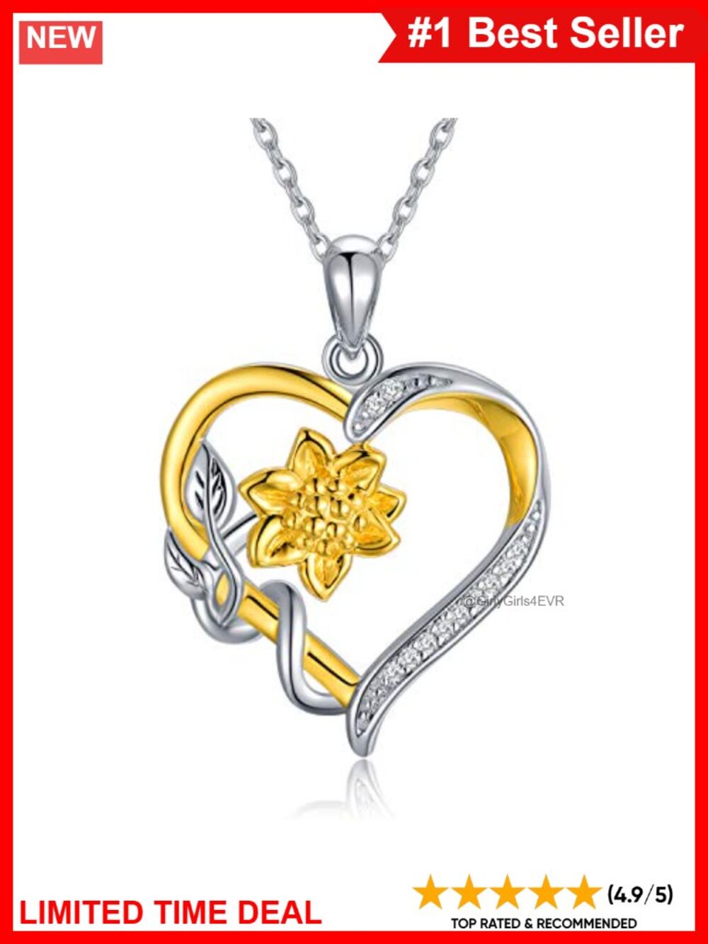 Sterling Silver 18k Gold Plated Diamond Sunflower Heart Pendant Necklace 16+2"